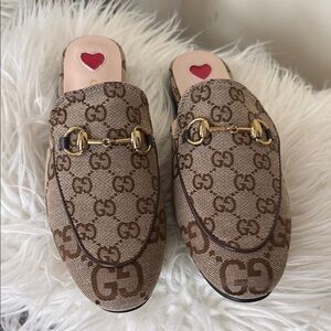 Brown Monogram Mules with Gold Accents